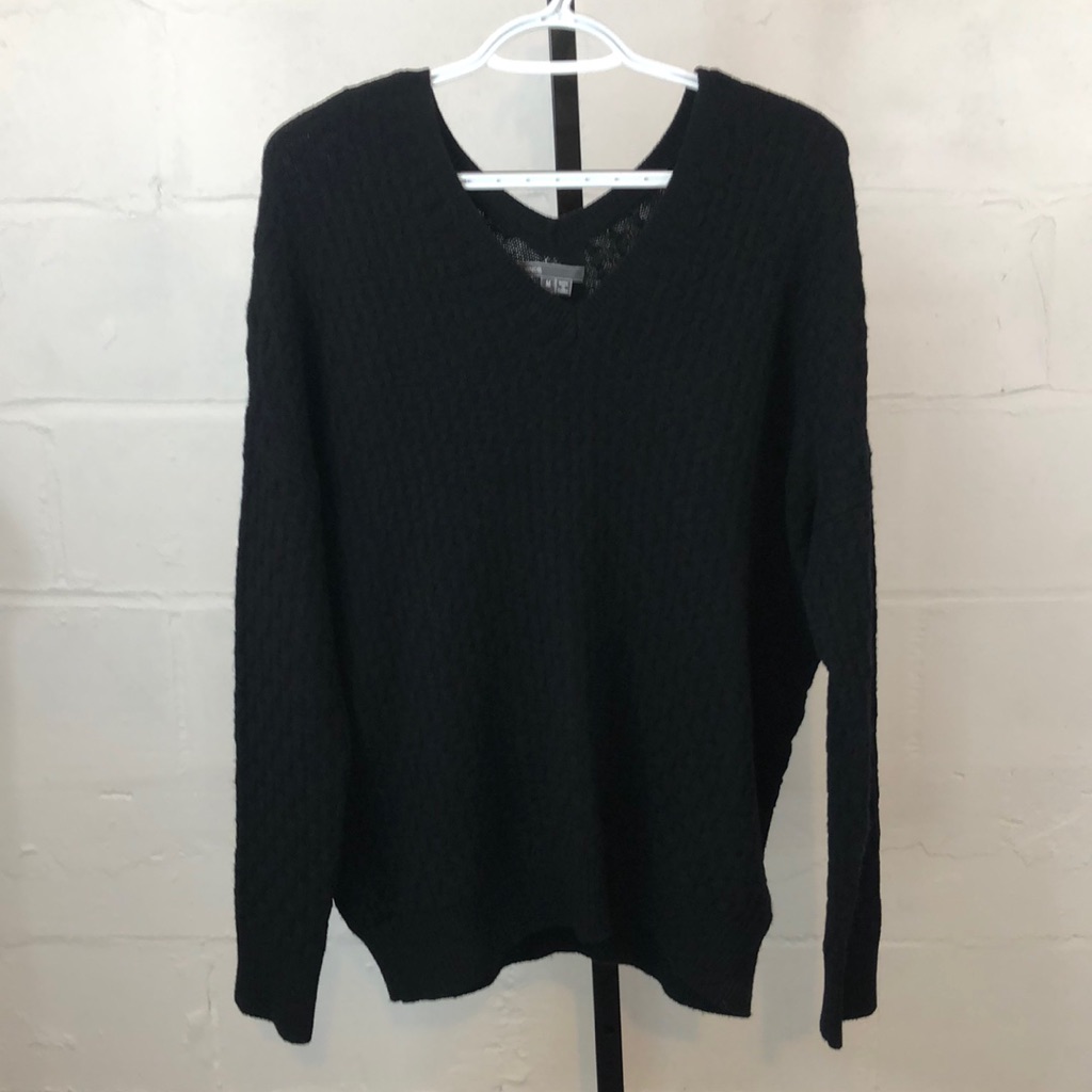 Vince Brick Texture Pullover Sweater Size M Black Double V Neck #G24
